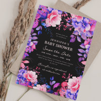 Purple Garden Floral Baby Shower Save Date Black