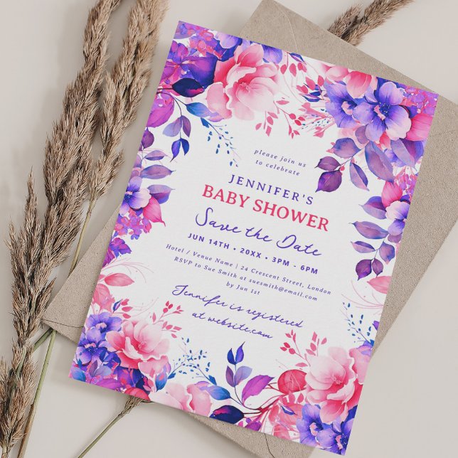 Purple Garden Floral Baby Shower Save Date Invitation (Purple Garden Floral Baby Shower Save Date Invitation)