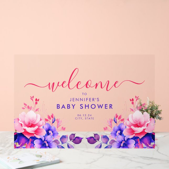 Purple GARDEN FLORAL Baby Shower Welcome  Acrylic Sign (Wedding)