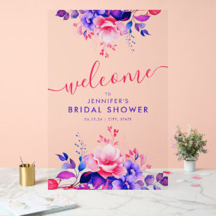 Purple Garden Floral Bridal Shower Welcome Acrylic Sign