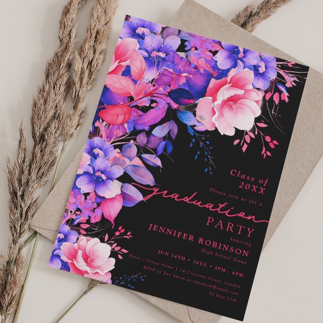 Purple Garden Floral Graduation Party Black Invitation (Purple Garden Floral Graduation Party Black Invitation)