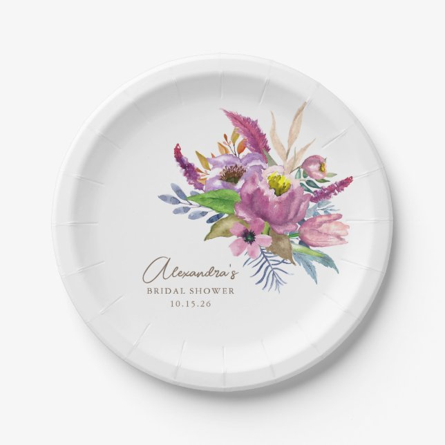 Purple Garden Floral Minimalist Custom Shower Paper Plate (Front)