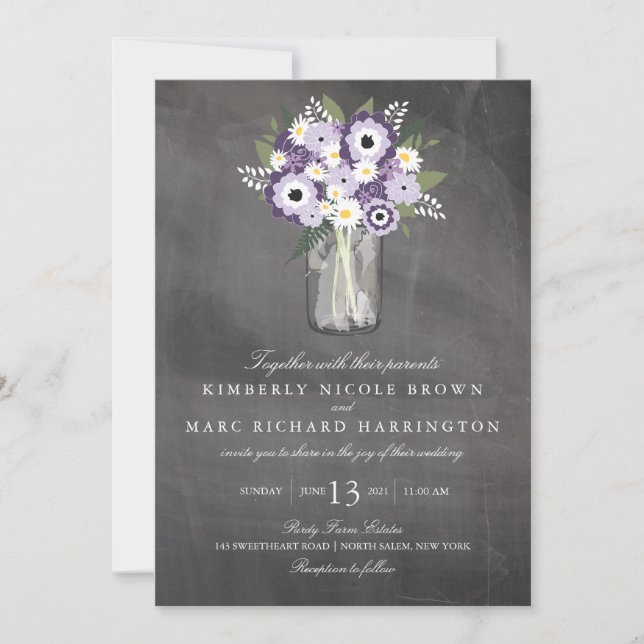 Purple Garden Mason Jar Chalkboard | Wedding Invitation (Front)