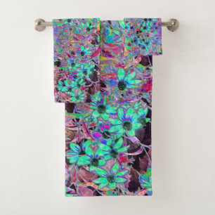 Purple Garden with Psychedelic Aquamarine Flowers Bath Towel Set