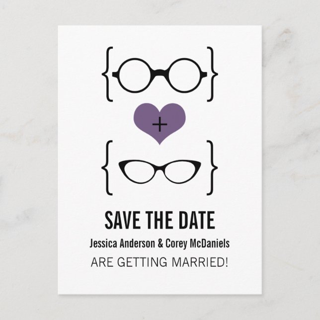 Purple Geeky Glasses Save the Date Postcard (Front)