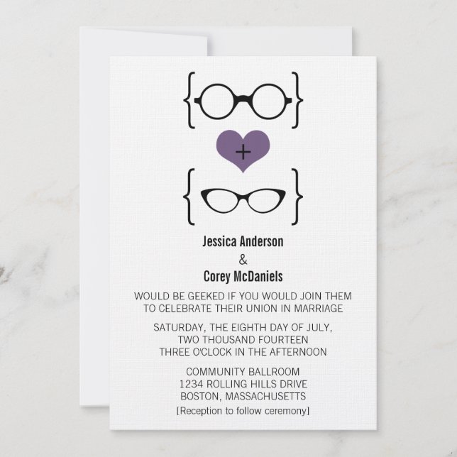 Purple Geeky Glasses Wedding Invitation (Front)
