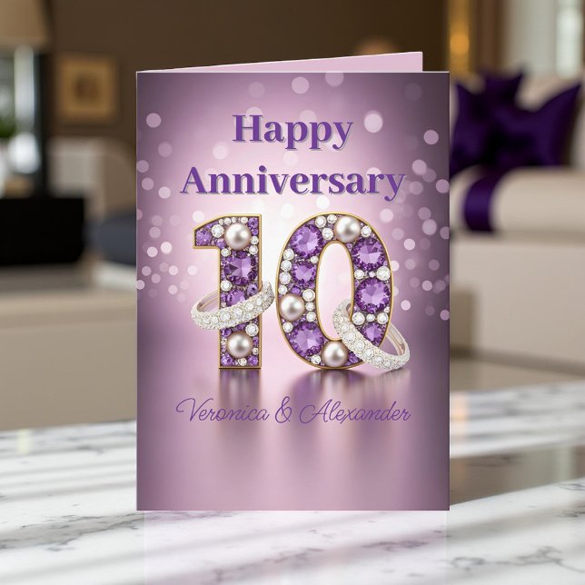 Purple Gems Pearls Rings 10th Wedding Anniversary Card (Creator Uploaded)