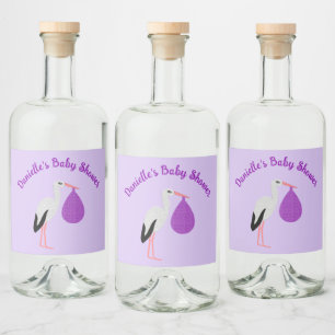 Purple gender neutral Baby Stork Baby Shower Liquor Bottle Label