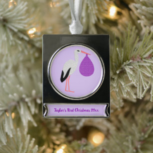 Purple gender neutral Baby Stork Christmas Silver Plated Banner Ornament