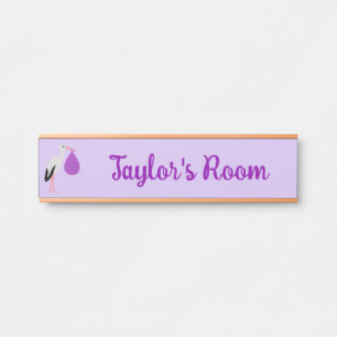 Purple gender neutral Baby Stork Custom Name Door Sign