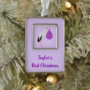 Purple gender neutral Baby Stork Custom Silver Plated Framed Ornament