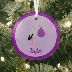 Purple gender neutral Baby Stork First Christmas Glass Tree Decoration