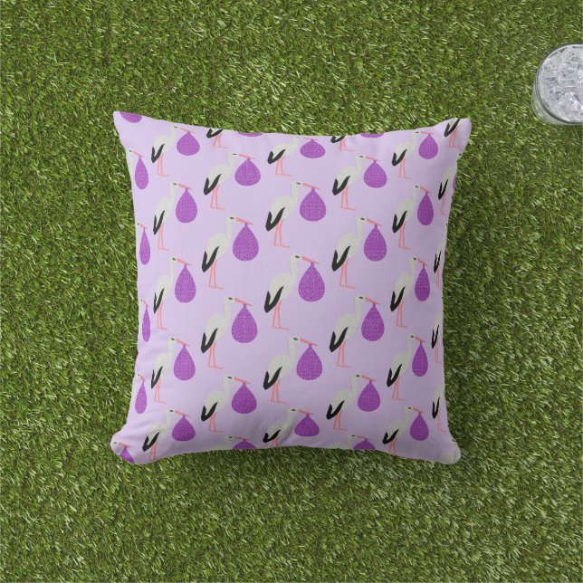 Purple gender neutral Baby Stork Patterned Cushion (Grass)