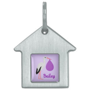Purple gender neutral Baby Stork Pet Name ID Tag
