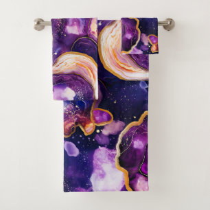 Purple Geode Abstract with Gold Cosmic Accents Bath Towel Set