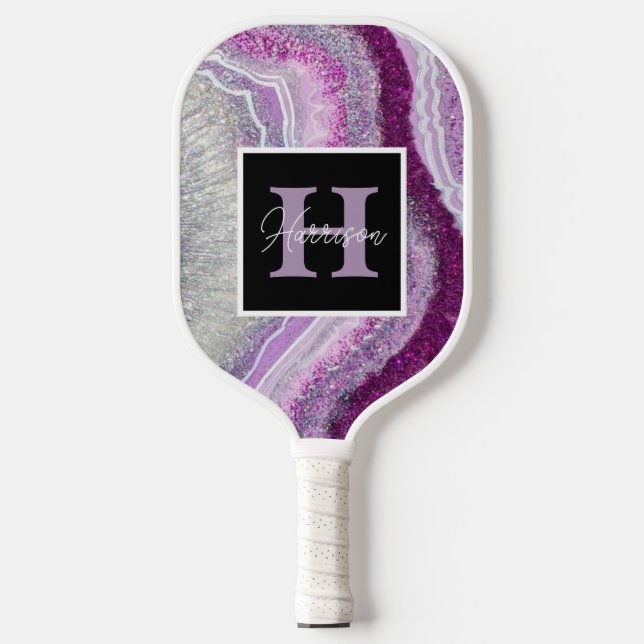 Purple Geode Agate Monogram Name  Customisable Pickleball Paddle (Front)