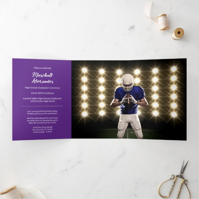 Purple Geometric Graduation Photo Tri-Fold Invitation (Inside)