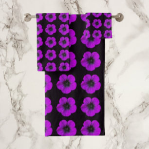 Purple Geranium Floral Pattern on Black Bath Towel Set