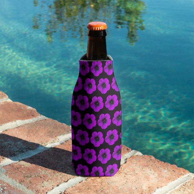 Purple Geranium Floral Pattern on Black Bottle Cooler (In Situ Pool)