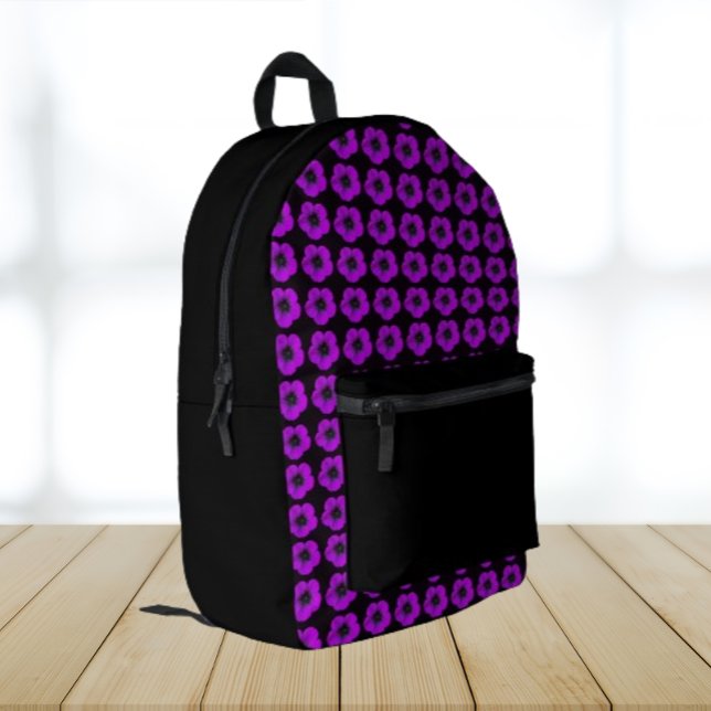 Purple Geranium Floral Pattern on Black Printed Backpack (In Situ Angled)