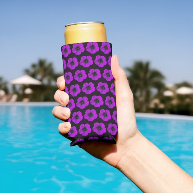 Purple Geranium Floral Pattern on Black Seltzer Can Cooler (In Situ Pool)