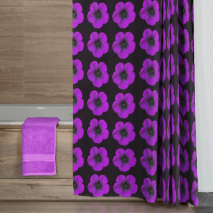 Purple Geranium Floral Pattern on Black Shower Curtain