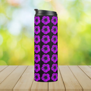 Purple Geranium Floral Pattern on Black Thermal Tumbler