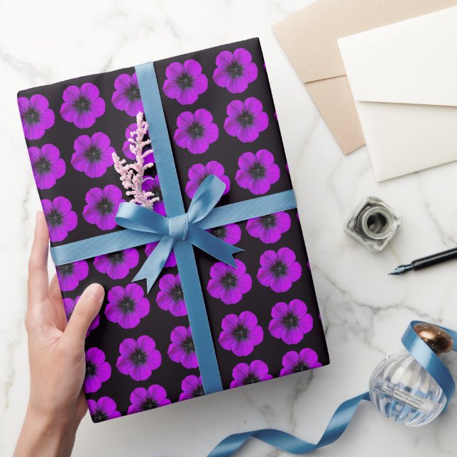 Purple Geranium Floral Pattern on Black Wrapping Paper (Gifting)
