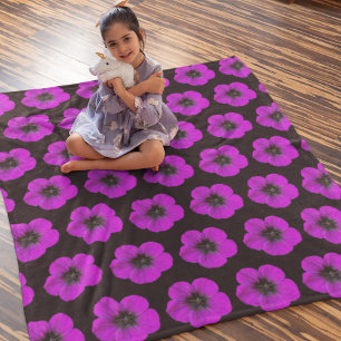 Purple Geranium on Black Floral Pattern Fleece Blanket