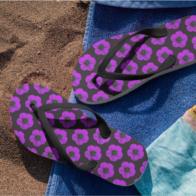 Purple Geranium on Black Floral Pattern Jandals (In Situ)