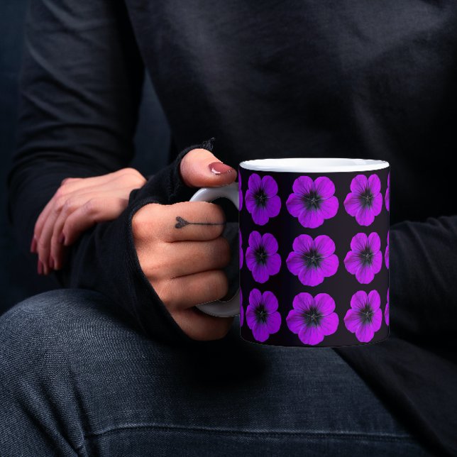 Purple Geranium on Black Floral Pattern Mug (In Situ Held)
