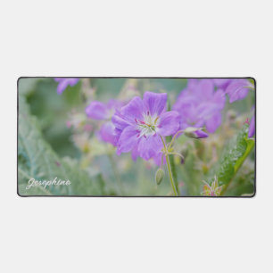 Purple Geranium Wildflower Photo With Custom Name Desk Mat