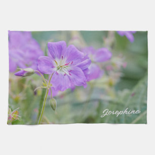 Purple Geranium Wildflower Photo With Custom Name Tea Towel