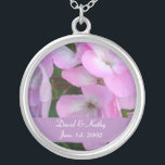 Purple Geraniums Flower Necklace<br><div class="desc">These are Purple Geraniums. Makes a great gift for a loved one. Names and Date can be changed to your own. Just enter them in the text boxes to the right.</div>