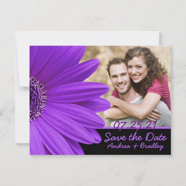 Purple Gerbera Daisy Flower Photo Wedding Save The Date (Front)