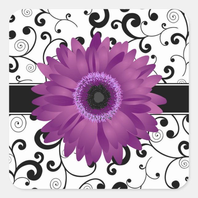 Purple Gerbera Daisy with Black Scroll Design Seal (Front)