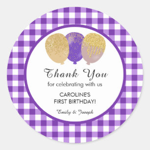 Purple Gingham 1st Birthday Glitter Balloons Favou Classic Round Sticker