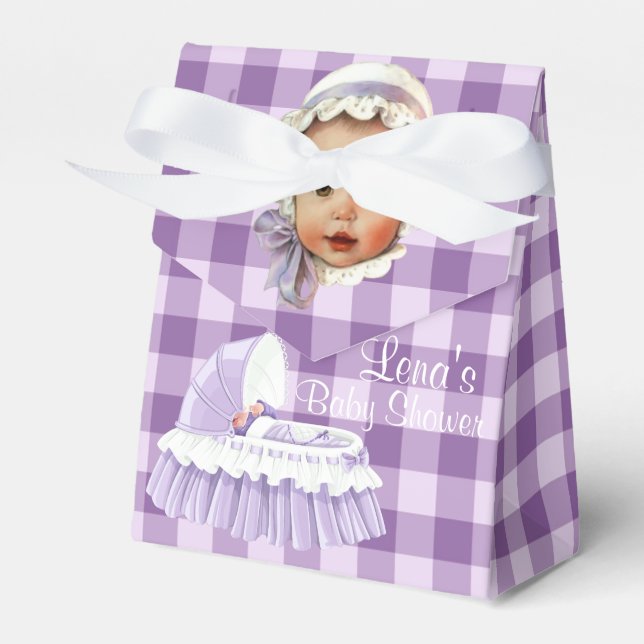 Purple Gingham Baby & Ruffled Bassinet Favour Boxe Box (Front Side)