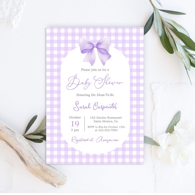 Purple Gingham Baby Shower invitation with bow (Creator Uploaded)