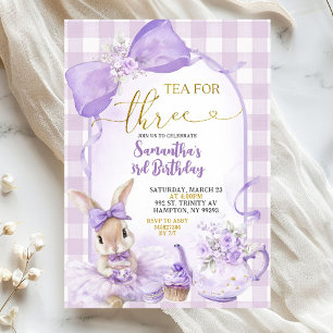 Purple Gingham Bow Bunny Tea Party Third Birthday Invitation