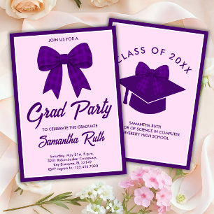 Purple Gingham Bow Graduation Party Invitation