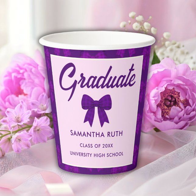 Purple Gingham Bow Graduation Party Paper Cups (Creator Uploaded)