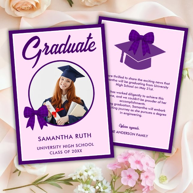 Purple Gingham Bow Photo Graduation Announcement (Creator Uploaded)