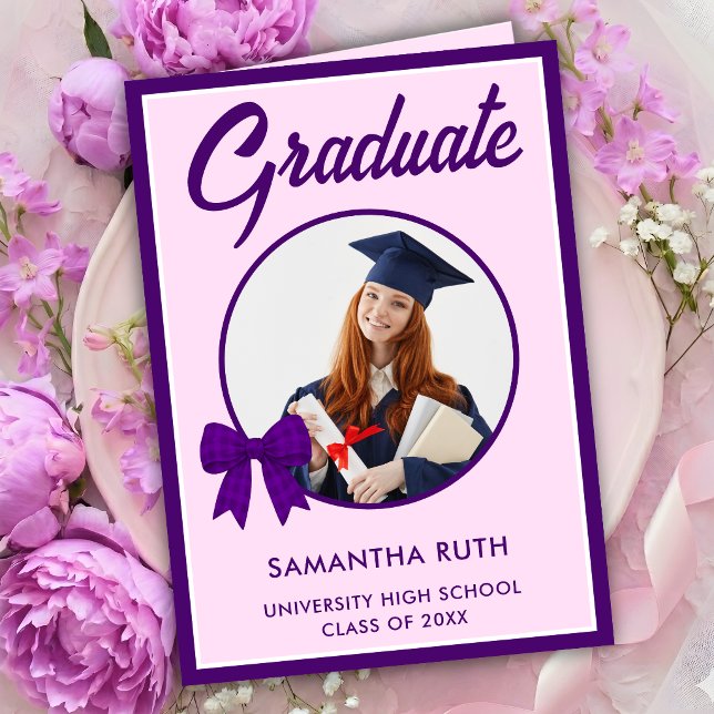 Purple Gingham Bow Photo Graduation  Card (Creator Uploaded)