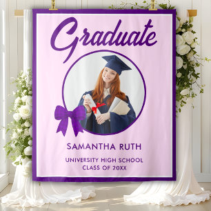 Purple Gingham Bow Photo Graduation Party Backdrop Tapestry