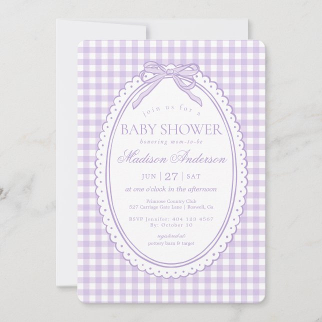 Purple Gingham Coquette Bow Baby Shower Invitation (Front)