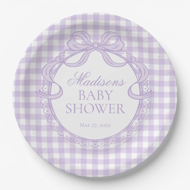 Purple Gingham Coquette Bow Baby Shower Paper Plate (Front)