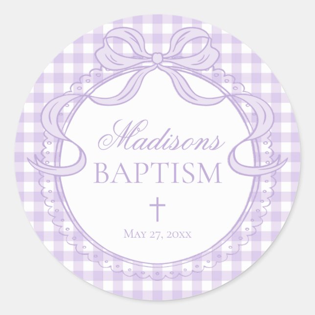 Purple Gingham Coquette Bow Baptism Envelope Seal (Front)