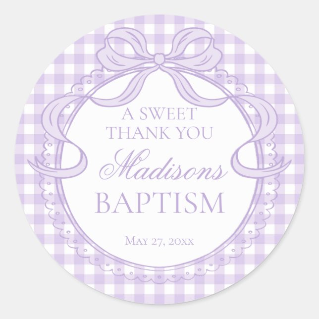 Purple Gingham Coquette Bow Baptism Favour Classic Round Sticker (Front)