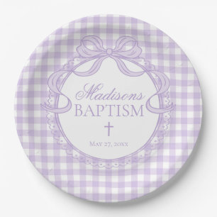 Purple Gingham Coquette Bow Baptism Paper Plate